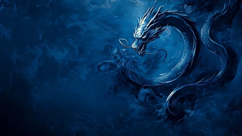Azure dragon coils through stormy abstract blue void.