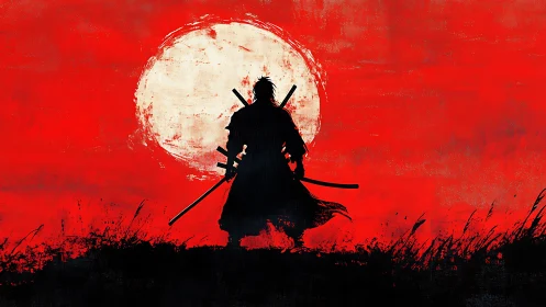 Silhouetted swordsman stands before a textured full moon