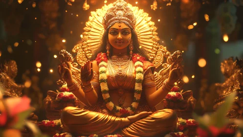 Luminous multi-armed goddess idol under ritualistic warm bokeh.