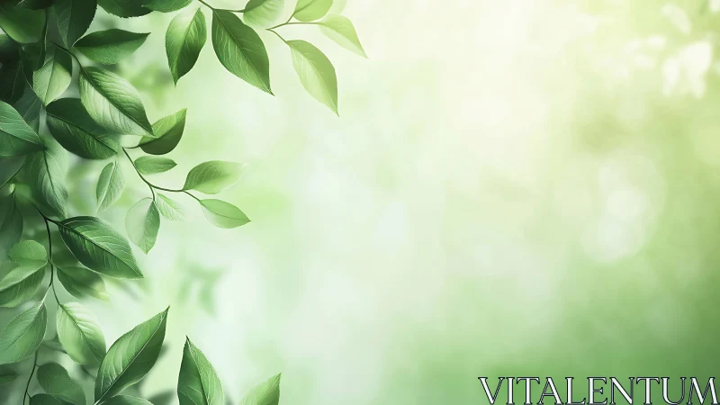 Green leaves drift over soft glowing bokeh background.