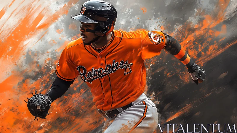 Baseball player in orange uniform against abstract backdrop.