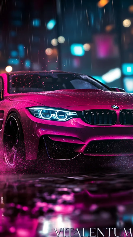 Cyberpunk sports coupe in neon-soaked nocturnal streetscape.