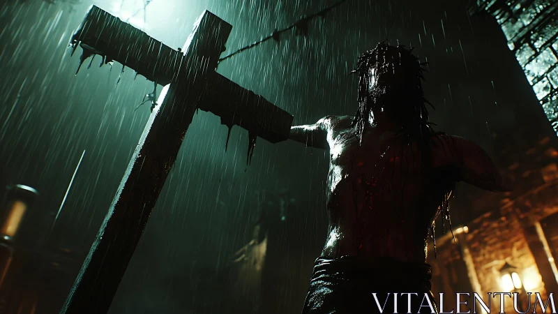 Crucified figure in rain-drenched alley under harsh light.
