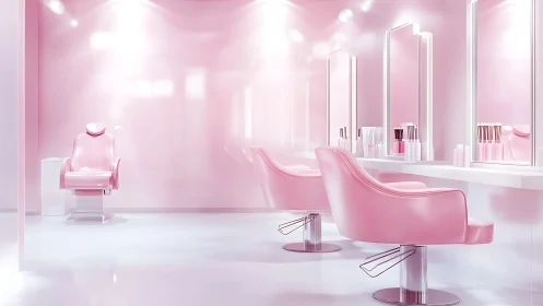 Minimal pink beauty salon interior with glossy styling chairs.
