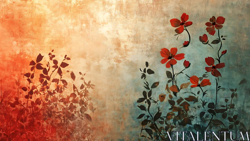 Gradient floral silhouettes with red blossoms on textured ground