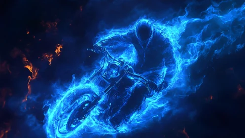 Blazing blue rider surges through swirling neon fire