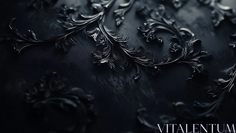 Ornate black baroque foliage embossing on matte surface.