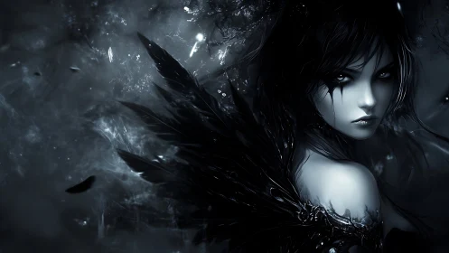 Digital monochrome portrait of winged female figure.