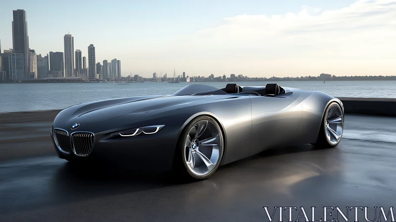 Hydrodynamic BMW speedster concept by waterfront skyline.