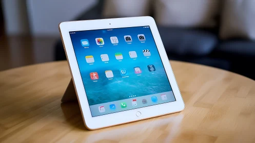 White iPad with Home Screen and App Icons Displayed on Wooden Table