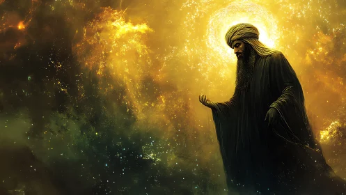 Robe-clad figure stands in cosmic yellow nebula glow