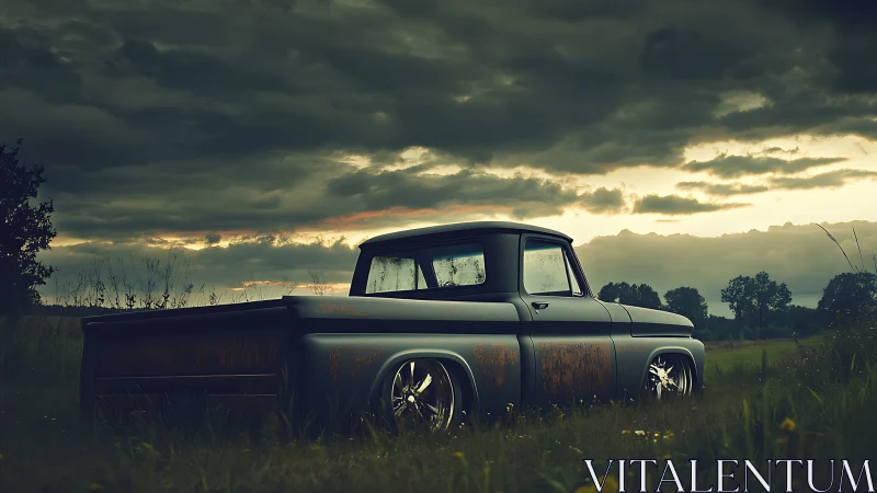Custom vintage pickup under storm-lit rural evening sky.