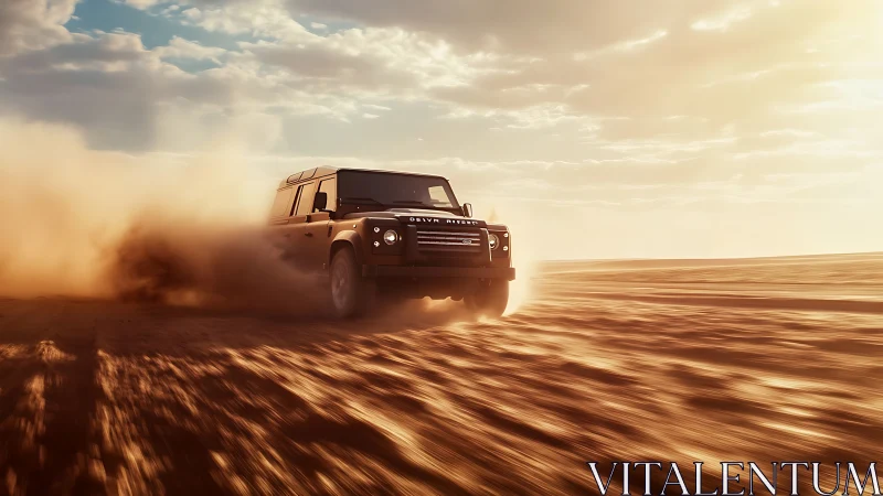 Off-road SUV crossing desert sand under warm sunset light.