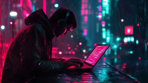 Neon-soaked hacker coding in rainy cyberpunk nightscape.