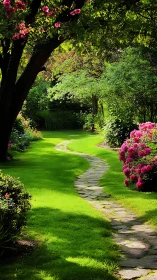 Curvilinear stone pathway through luminant ornamental garden.