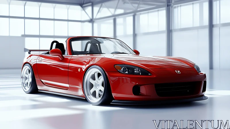 Red roadster render under soft studio skylight.