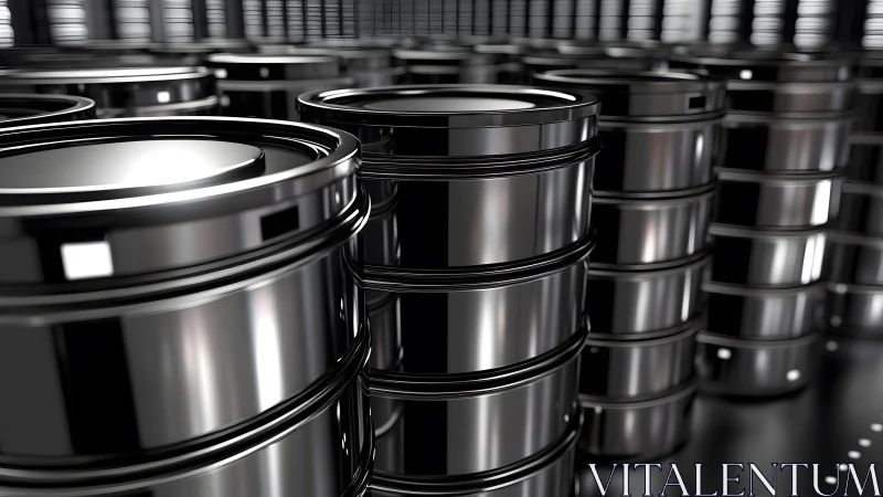 Shiny Black Industrial Oil Barrels in Warehouse, Photorealistic Style.