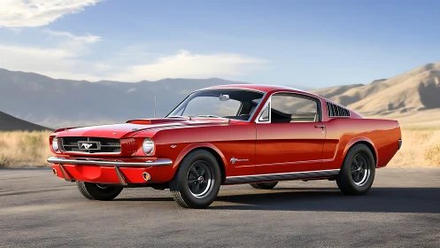 Red classic Ford Mustang fastback parked on open road.