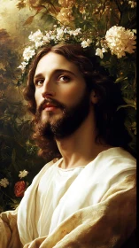 Idealized bearded figure in floral wreath, soft golden lighting