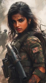 Fearless young soldier stands strong in the smoky chaos.