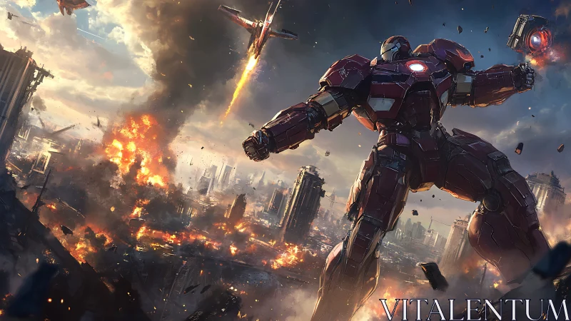 Giant armored mech in explosive urban battlefield scene.