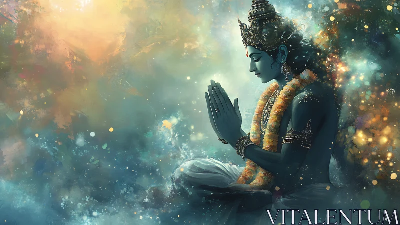Praying blue deity meditates in radiant celestial light