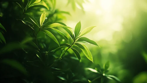 Green leaves in soft sunlight with blurred forest background.
