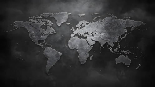 World map silhouette appears as textured metallic relief