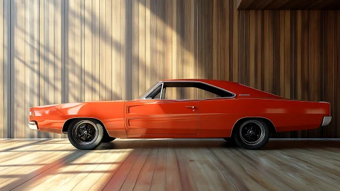 Orange classic muscle car in sunlit wooden interior.