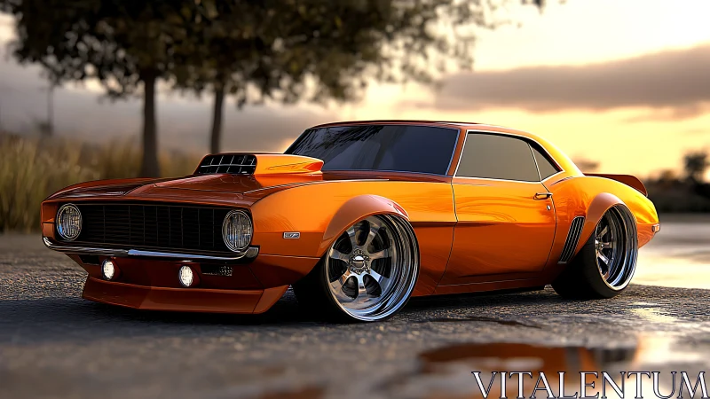 Sunset-slick muscle car crouched low on mirror chrome wheels.