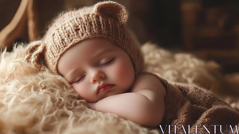 Sleeping infant lies on textured blanket in soft warm light