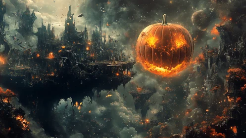 Concept art of infernal Halloween citadel with burning pumpkin orb.