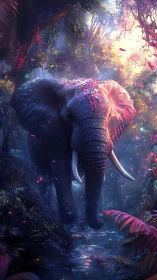 Luminescent elephant strides through iridescent jungle stream.