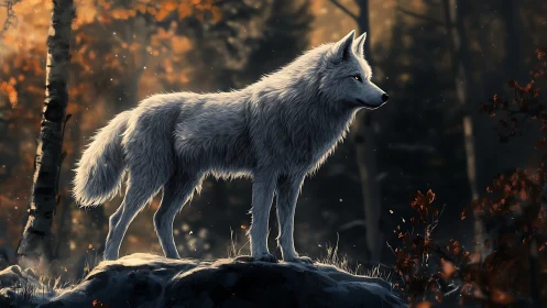 Lone white wolf stands alert on rock ledge in autumn forest