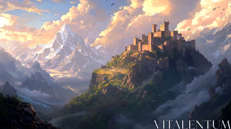 Sunlit mountain citadel above mist-filled fantasy valley.