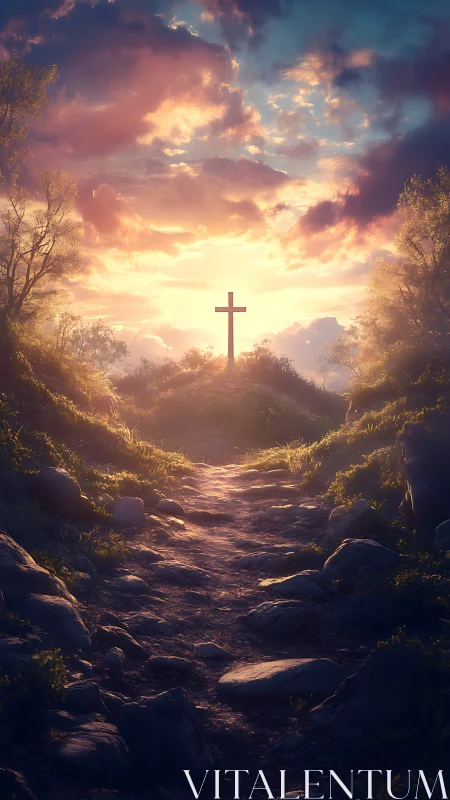 Sunlit hillside cross along rocky path at radiant sunset.