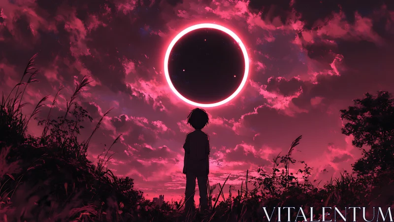 Backlit silhouette child under neon ringed eclipse sky
