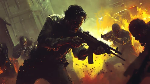 Armed soldiers advance through burning urban chaos.