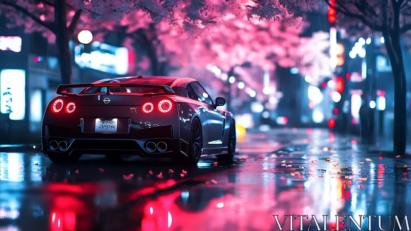 Sports car glows under neon rain on cherry blossom street.