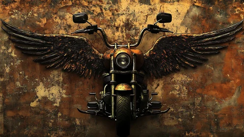 Winged cruiser motorcycle rendered with grunge metallic texture and depth