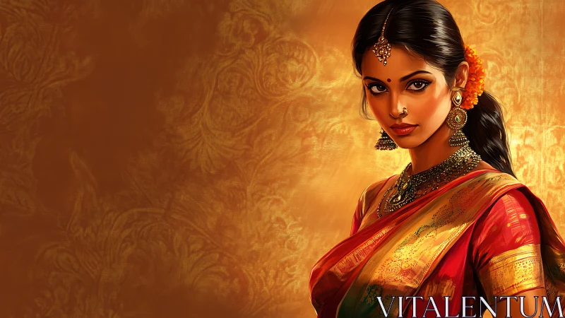 Elegant Indian Woman in Traditional Saree, Digital Art Portrait.