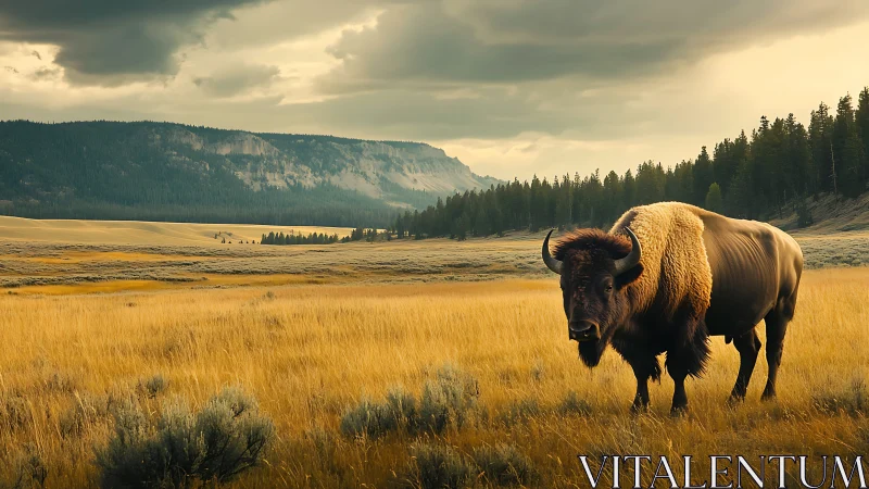 Solitary bison standing in golden prairie under clouds.