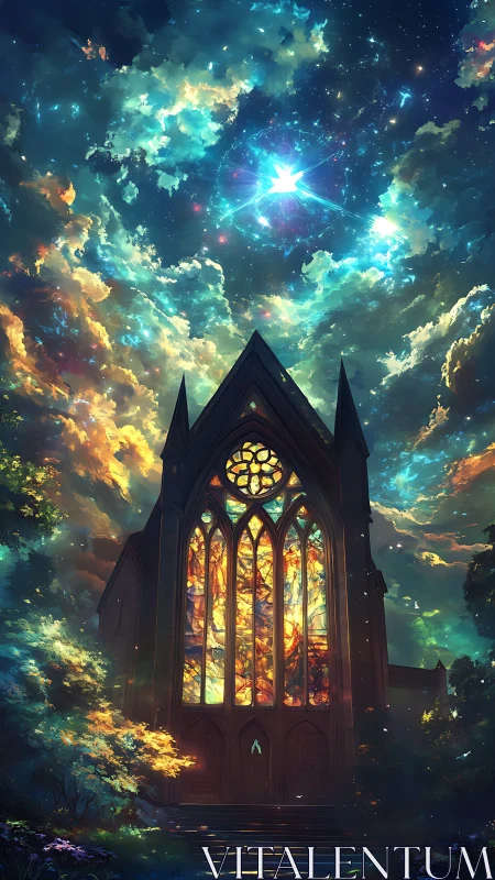 Starlit cathedral window glows beneath a swirling cosmic sky
