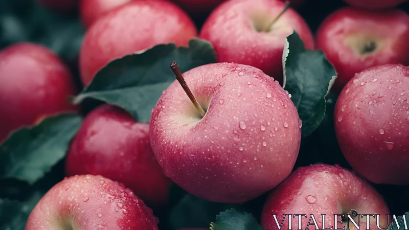 Macro close-up of dewy pink apples with foliage detail