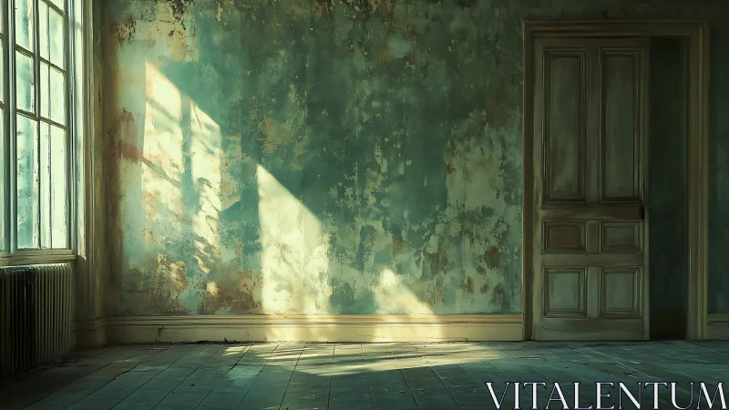 Sunlit abandoned room with peeling teal wall texture.
