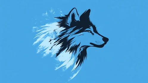 Stylized wolf portrait emerges from bold blue brush strokes
