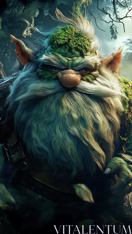 Forest guardian gnome with mossy hair and wise, gruff charm.