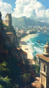 Coastal cityscape with mountains, beach and mixed buildings.