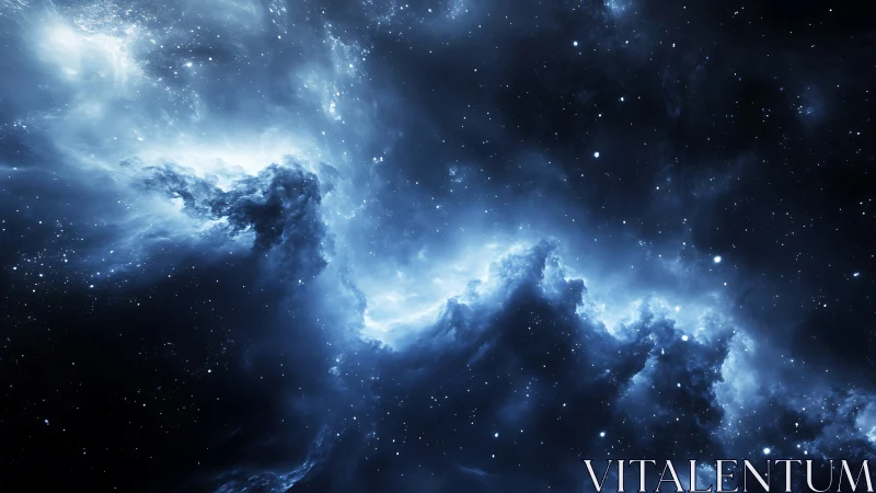 Stellar nebula clouds glow in deep blue interstellar space