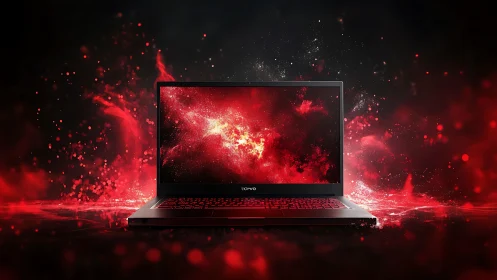 Laptop portal spills a cosmic red nebula into the dark